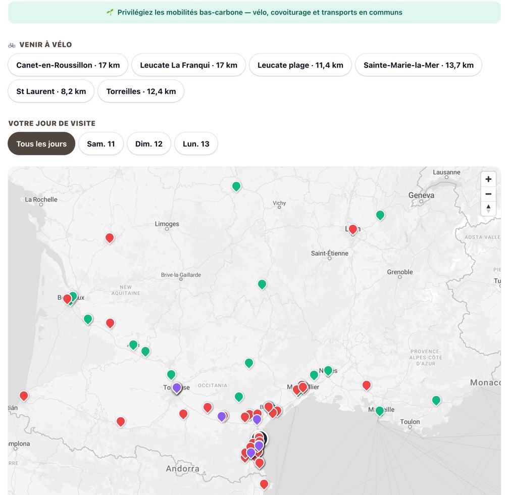 Page Tribulive des Déferlantes 2026 : itinéraires vélo, puis carte des covoiturages et des navettes.